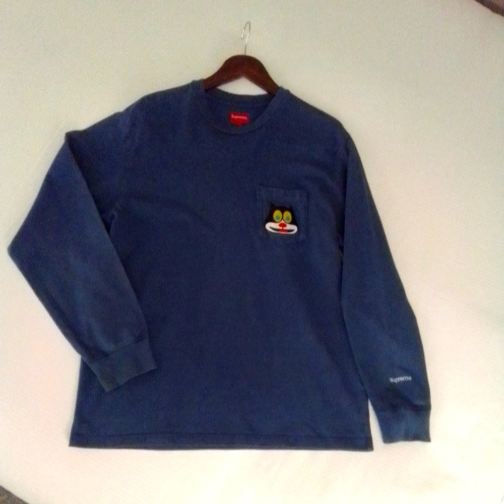SUPREME Long Sleeve Shirt | Black Cat on Pocket | Pre-Owned